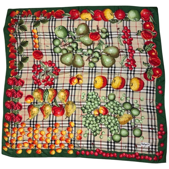 Burberry Vintage Novacheck Plaid Fruit Print Silk Scarf - Picture 1 of 8